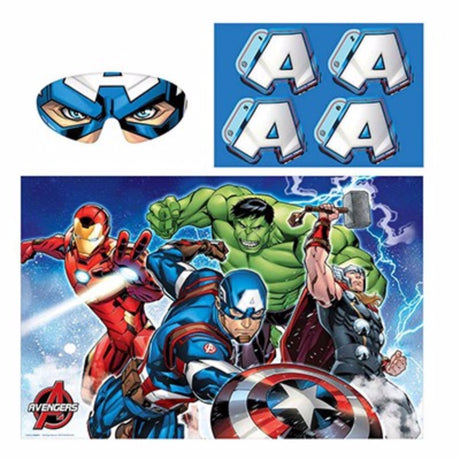 Avengers Epic Party Game featuring a poster, stickers, and a blindfold for 2-8 players, perfect for superhero fun.