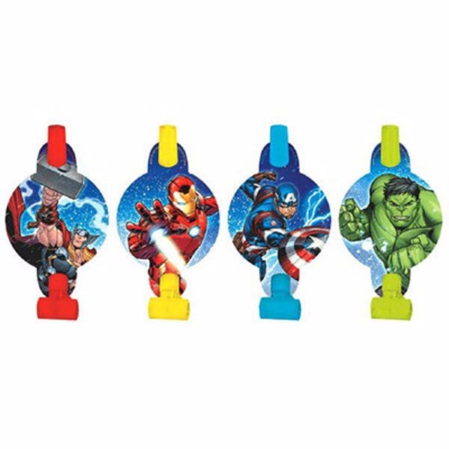 Colorful Avengers blowouts with medallions, featuring iconic characters for epic party fun. Perfect for celebrations!