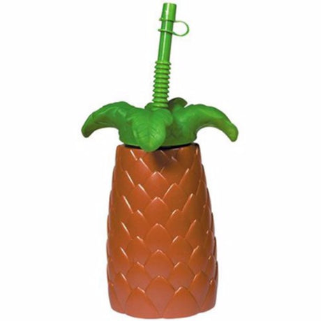 Palm tree shaped cup with flexi straw, perfect for summer drinks and parties, holds 1 can, eco-friendly design.