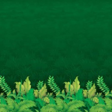 Vibrant jungle foliage backdrop measuring 1.2m high and 9.1m long, ideal for themed parties and events.