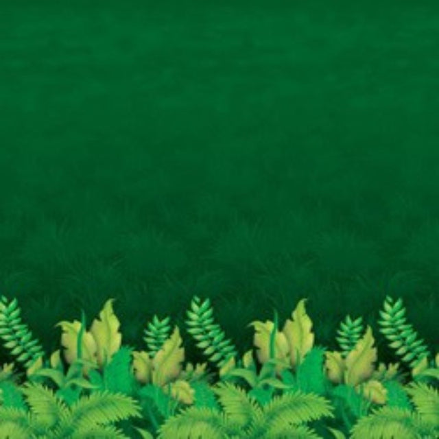Vibrant jungle foliage backdrop measuring 1.2m high and 9.1m long, ideal for themed parties and events.