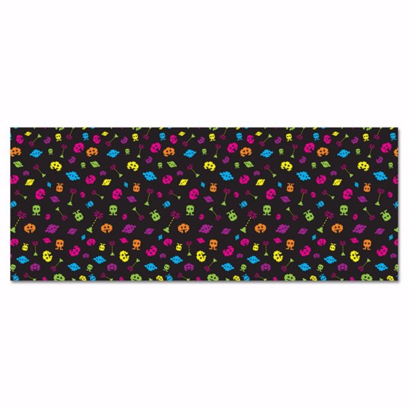 Colorful 80's video game themed backdrop measuring 1.2m x 9.1m, perfect for retro parties and photo ops.