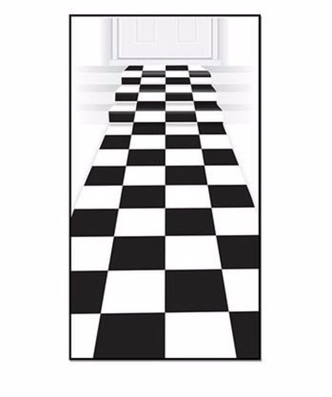 Stylish black and white checkered floor runner, 61cm x 3m, ideal for indoor or outdoor use with double-sided tape for easy installation.