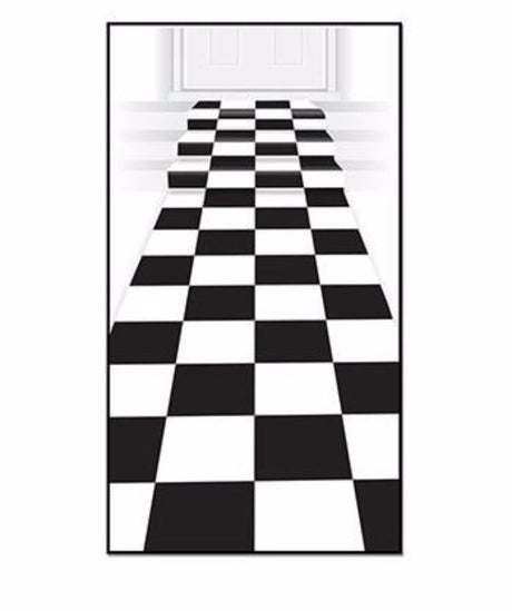 Stylish black and white checkered floor runner, 61cm x 3m, ideal for indoor or outdoor use with double-sided tape for easy installation.