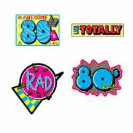 Vibrant 80's themed cutouts, 40cm, double-sided, perfect for retro parties and nostalgic decor.