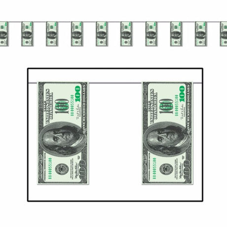 Vibrant Pennant Banner featuring 12 one hundred dollar bill designs, perfect for themed parties and festive gatherings.