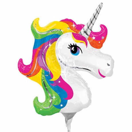 Whimsical Mini Shape Unicorn Head foil balloon, perfect for parties with its enchanting design and easy display options.