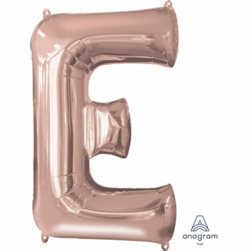 Letter E balloon in rose gold, 81cm, self-sealing, ideal for celebrations, floats for days with helium saver technology.