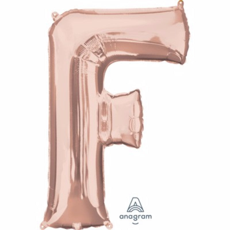 Letter F balloon in rose gold, 81cm, self-sealing, perfect for elegant celebrations and eco-friendly helium saving.