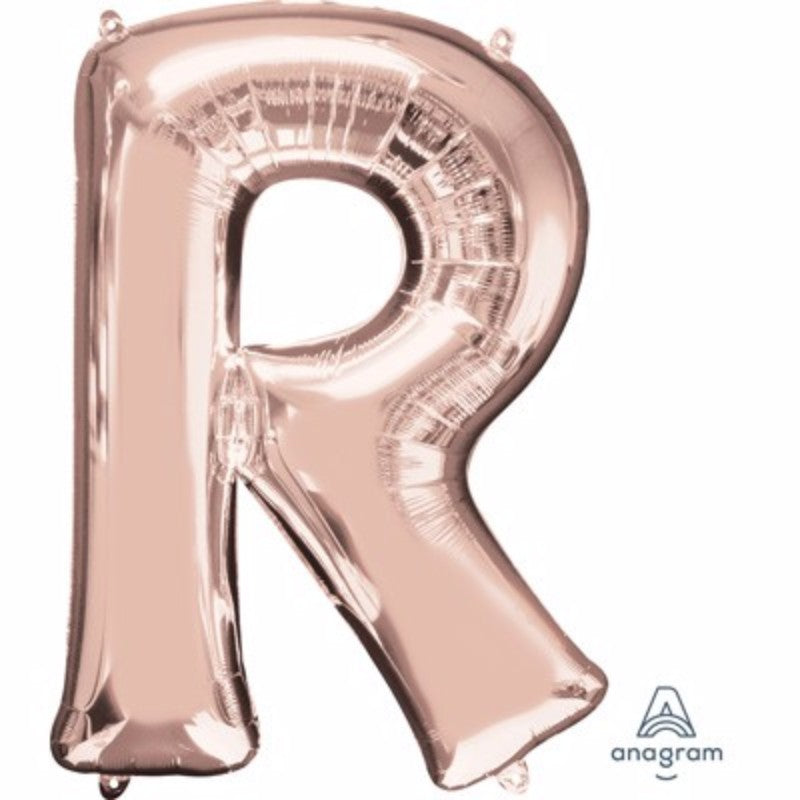 Letter R balloon in rose gold, 81cm, self-sealing, perfect for elegant celebrations and custom displays.