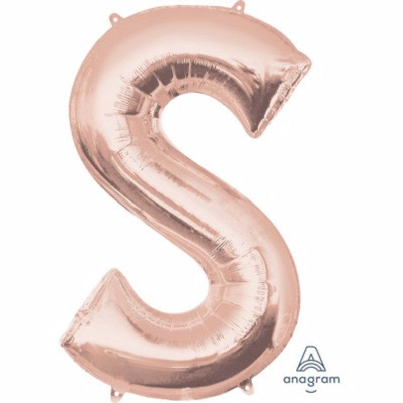 Rose gold Letter S balloon, 81cm, self-sealing, perfect for celebrations, can be filled with air or helium.
