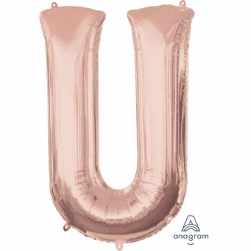 Rose gold Letter U helium saver balloon, 81cm, perfect for celebrations and stylish decorations.