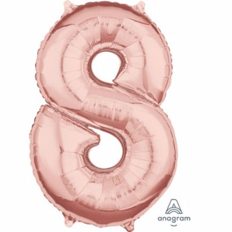 Mid-sized shape number eight foil balloon in elegant rose gold, perfect for celebrations and milestone events.