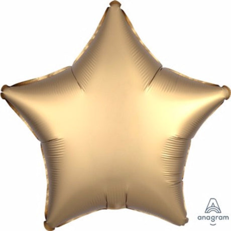 Gold star-shaped foil balloon in satin finish, self-sealing and requires helium for inflation.