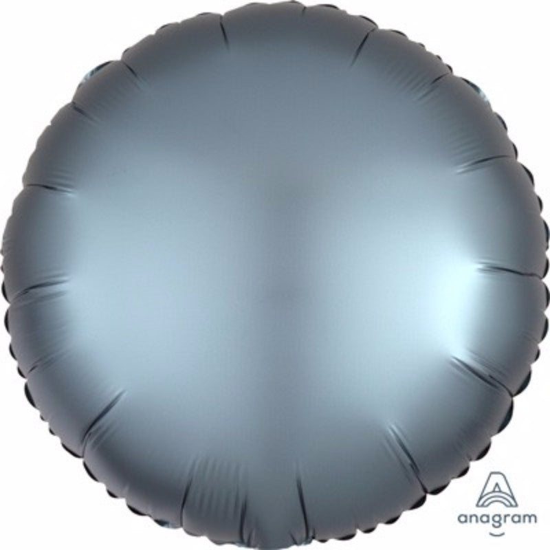 45cm round steel blue satin luxe foil balloon, perfect for elegant celebrations and easy decoration with helium.