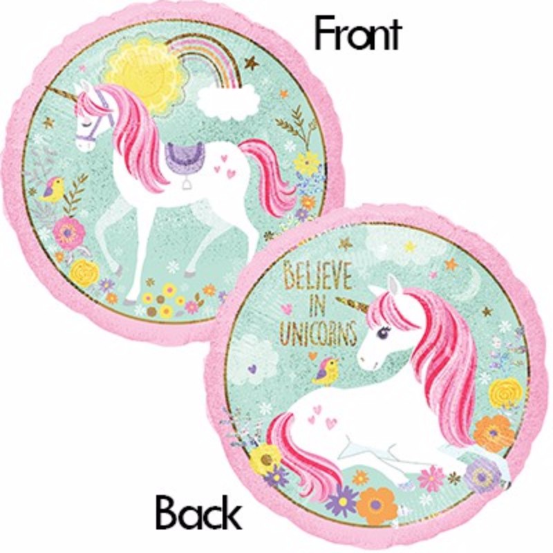 45cm holographic unicorn balloon with 'I Believe in Unicorns' slogan, perfect for themed parties and celebrations.