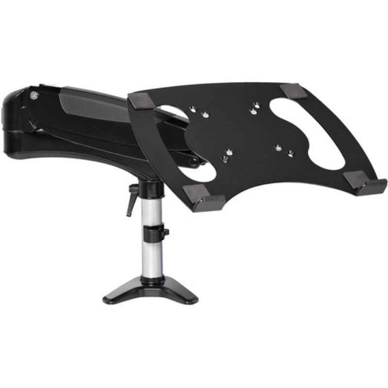 Ergonomic adjustable mounting arm for laptops and monitors up to 34 inches, featuring height adjustment and cable management.