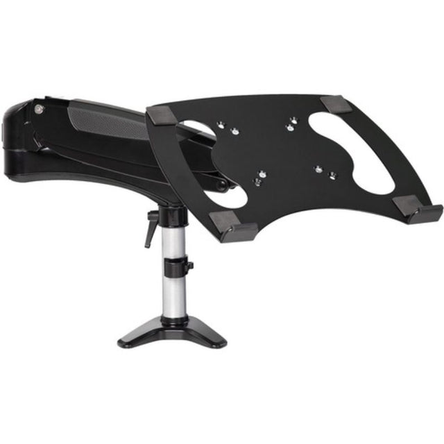 Ergonomic adjustable mounting arm for laptops and monitors up to 34 inches, featuring height adjustment and cable management.