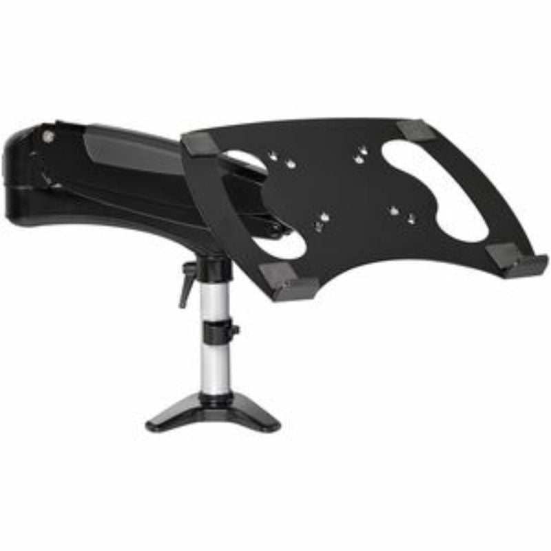 Ergonomic adjustable mounting arm for laptops & monitors up to 34 inches, features height adjustment and cable management.