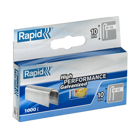 Rapid 36/10 Mini cable staples in a pack of 1000, designed for efficient cable management and secure fastening.