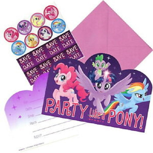 Colorful My Little Pony postcard invitations for kids' parties, featuring vibrant designs of beloved ponies.