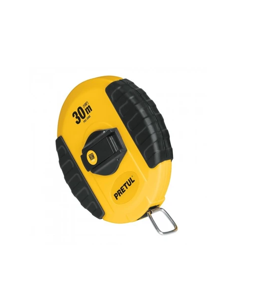 30m fibreglass tape measure with 13mm blade, durable closed case, and rubber grips for precise measurements.