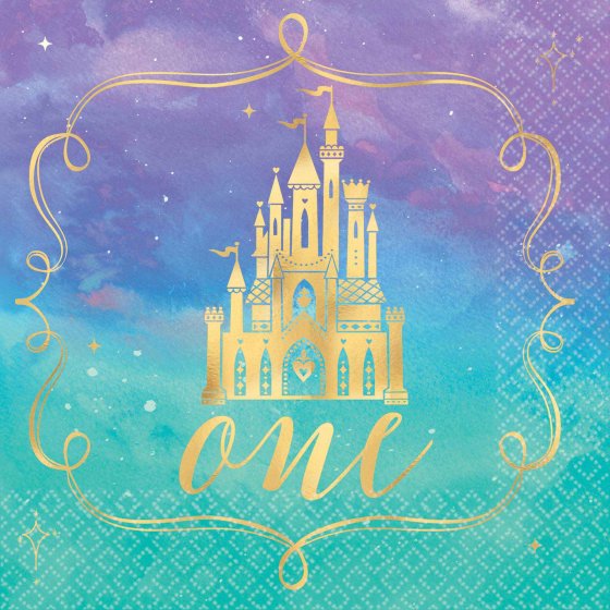 Disney Princess 1st birthday napkins featuring enchanting characters, perfect for a magical celebration. Pack of 16.