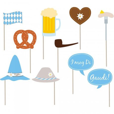 Festive Oktoberfest props kit with hats, mugs, and pretzels for fun photo sessions at parties and celebrations.