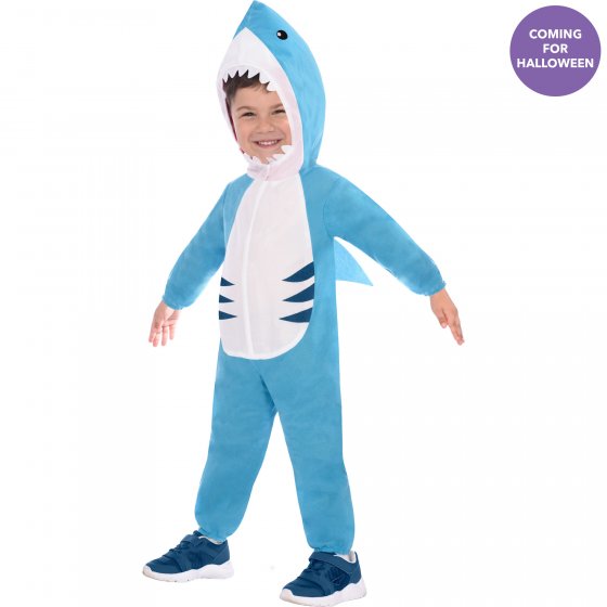 Playful Great White Shark costume jumpsuit for kids aged 4-6, featuring detailed fins and a comfortable design for imaginative adventures.