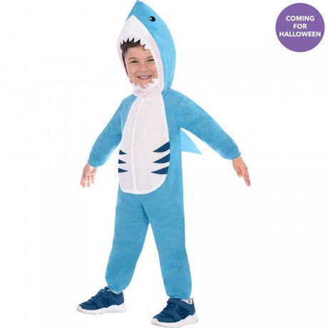 Playful Great White Shark costume jumpsuit for kids aged 4-6, featuring detailed fins and a comfortable design for imaginative adventures.