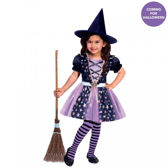 Enchanting Starlight Witch costume for girls 6-8, featuring a black dress with stars and a stylish witch hat.