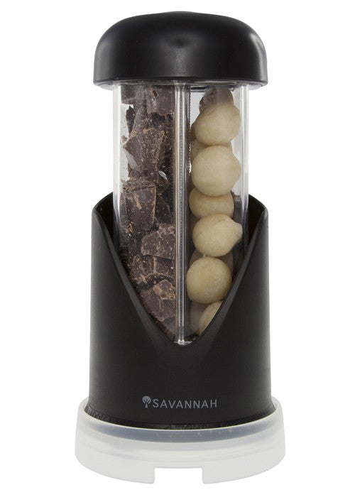 Savannah Smart Grater Mill: stylish, efficient two-chamber grater for cheese, nuts, chocolate; includes mess-preventing base cover.
