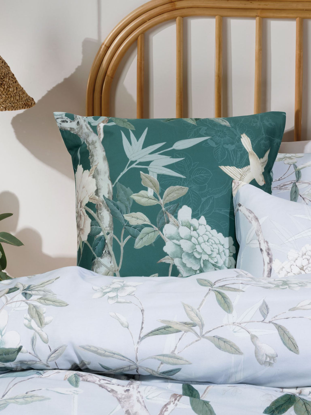 Queen Duvet Cover Set in powder blue featuring vintage foliage and birds, crafted from soft 100% cotton sateen.