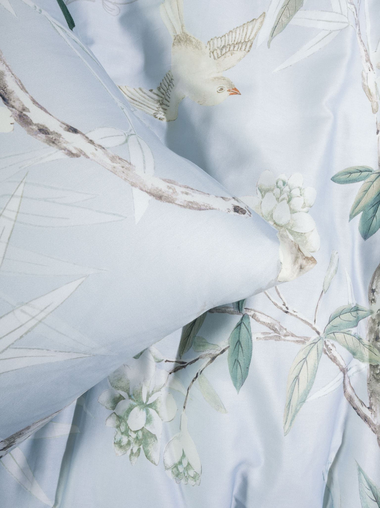 Queen duvet cover set in powder blue featuring vintage foliage and birds, crafted from soft 100% cotton sateen, includes pillowcases.