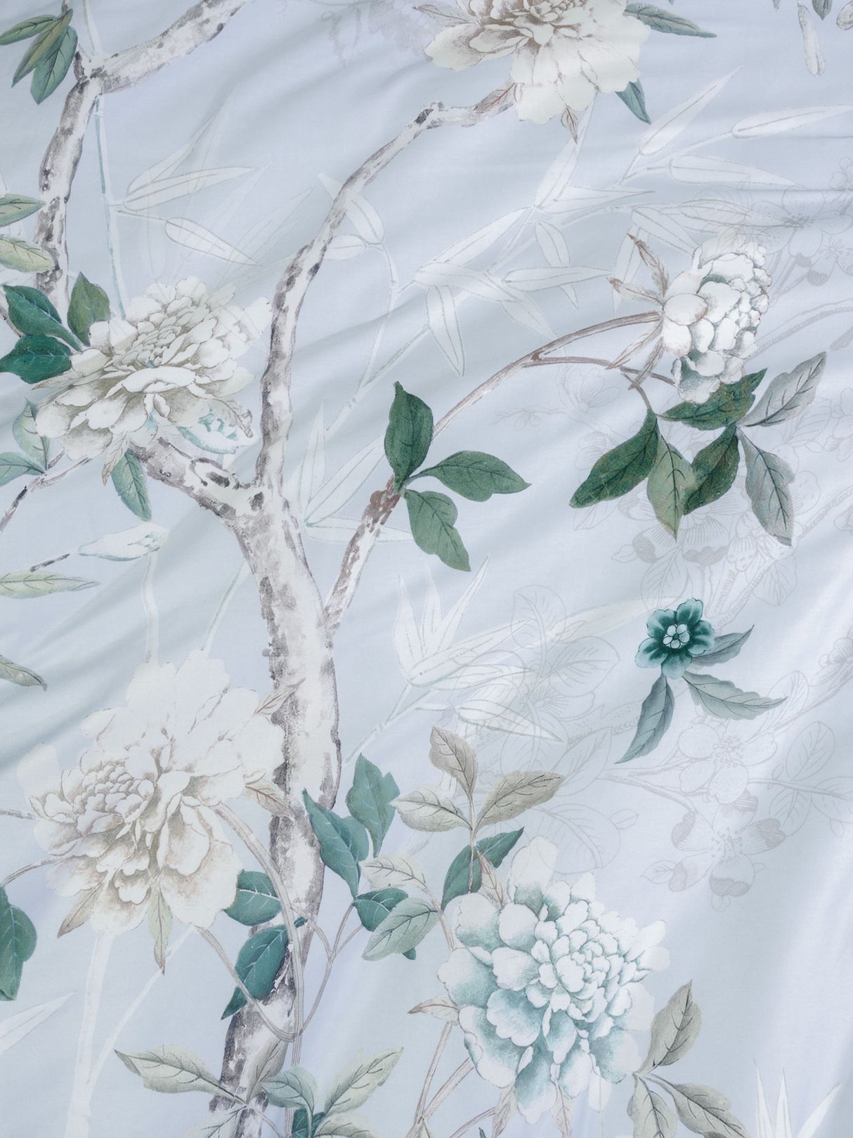 Queen duvet cover set in powder blue featuring vintage foliage and charming birds, crafted from 100% cotton sateen.