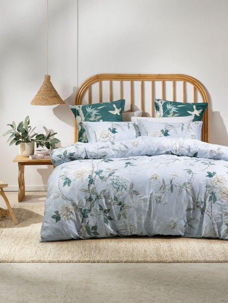 Queen Duvet Cover Set in powder blue featuring vintage foliage and birds on soft cotton sateen for a serene bedroom decor.