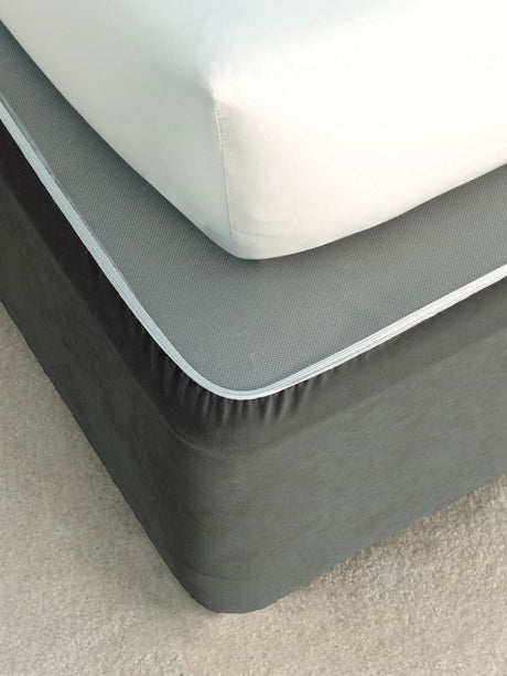 Grey faux suede bed wrap for double beds, stylishly conceals base and fits securely with adjustable elastic.