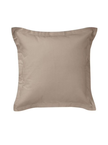 Luxurious taupe Euro pillowcase with textured waffle front and smooth percale reverse, ideal for stylish bedroom decor.