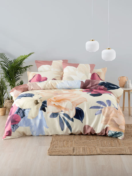 Super King Duvet Cover Set in Shakira Stone with elegant floral print, crafted from 100% cotton sateen for luxurious comfort.