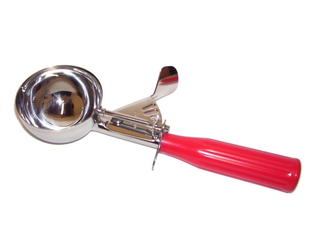 Stainless steel scoop with vibrant red handle, perfect for ice cream, dry goods, and pet food.