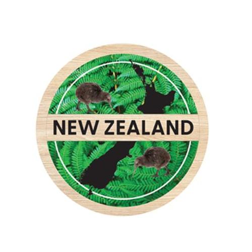 Magnet NZ Kiwis & Fern Round Wooden 70 Mm