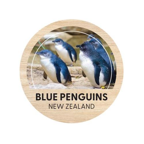 Magnet Blue Penguins Round Wooden 70 Mm