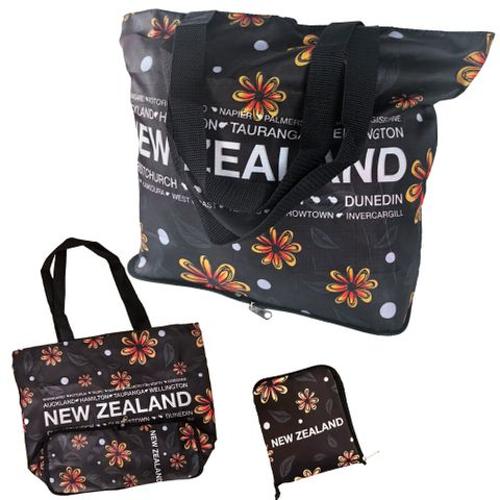 Foldable Zip Shopping Bag Black Flowers