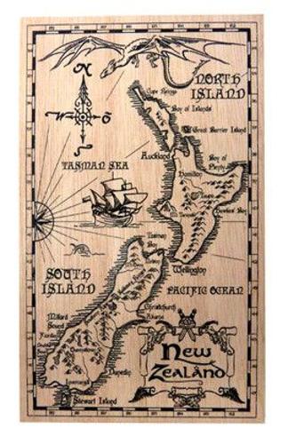 Postcard Wooden Middle Earth NZ Map