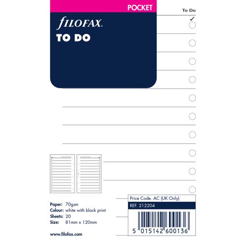 Filofax Organiser Refill Pocket To Do Lists White
