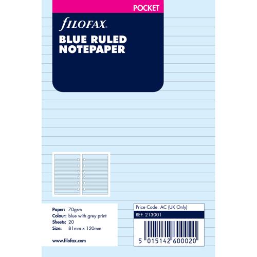 Filofax Organiser Refill Pocket Notepaper Ruled Blue - Smartfox