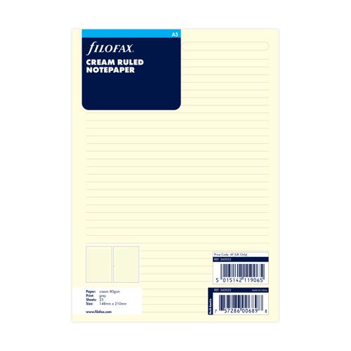Filofax Organiser Refill A5 Notepaper Ruled Cotton Cream