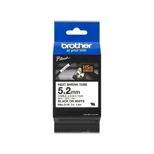 Brother P-touch HSe-211E Heat Shrink Tube Tape, 5.2mm, Black on White