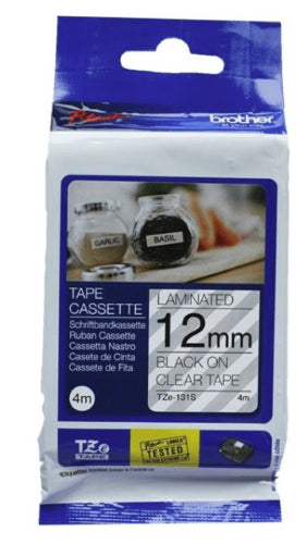 Brother TZe131S 12mm TZ Tape Black on Clear x 4 Metres