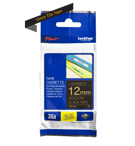 Brother TZe334 12mm TZ Tape Gold on Black